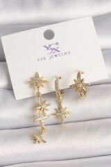 Pirinç Gold Renk Sallantı Zirkon Taşlı Zirkon Taşlı Kutup Yıldız Model 3'Lü Kadın Kombin Küpe