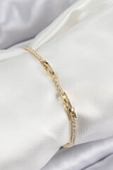 Pirinç Zirkon Taşlı İnce Su Yolu Model Gold Renk Kadın Bileklik