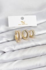 Pirinç Gold Renk Zirkon Taşlı Halka Model YSX Trio Küpe Seti