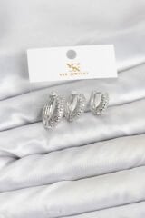 Pirinç Gümüş Renk Zirkon Taşlı Halka Model YSX Trio Küpe Seti