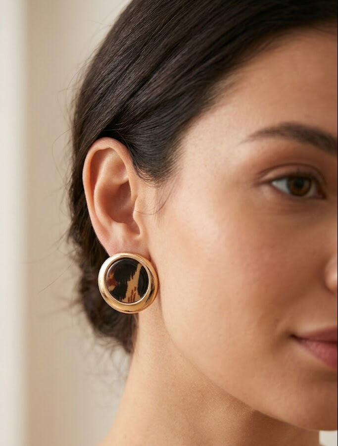 Pirinç Gold Renk Leopar Desen Daire Model Kadın Küpe