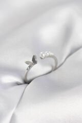 İncili Kelebek Model Gümüş Renk Pirinç Kadın Yüzük