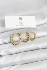 Pirinç Gold Renk Zirkon Taşlı Petek Halka Model YSX Trio Küpe Seti
