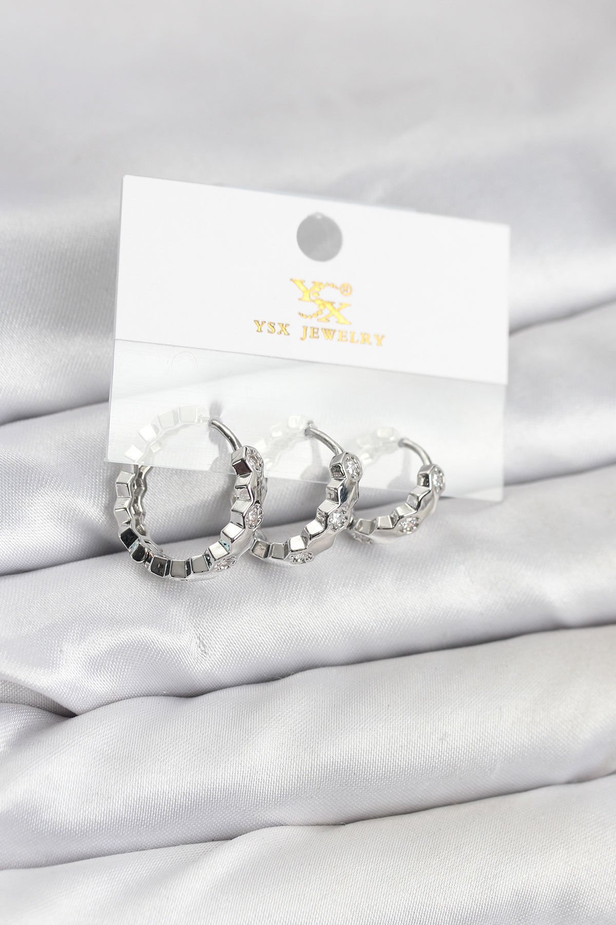 Pirinç Gümüş Renk Zirkon Taşlı Petek Halka Model YSX Trio Küpe Seti