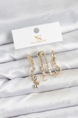 Pirinç Gold Renk Zirkon Taşlı Uzay Model YSX Trio Küpe Seti
