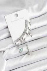 Pirinç Gümüş Renk Ay Model Kadın Set Küpe