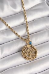 316L Çelik Gold Renk Burgu Zincir Dorika Yaşam Ağacı Figür Nazar Boncuk Detay Kadın Kolye