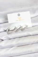 Pirinç Gümüş Renk Zirkon Taşlı Halka Model YSX Trio Küpe Seti