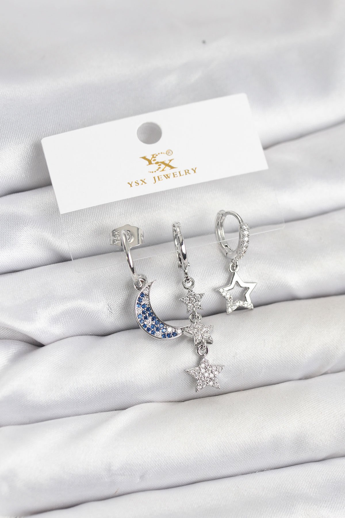 Pirinç Gümüş Renk Zirkon Taşlı Ay ve Yıldız Model YSX Trio Küpe Seti