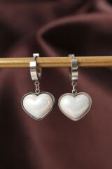 316L Çelik Gümüş Renk Beyaz Bombeli Kalp Küpe