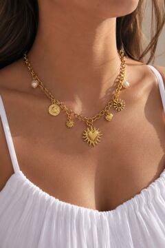 316L Çelik Gold Renk Charmlı Model Kadın Kolye