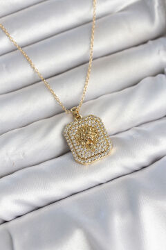 316L Çelik Zincir Gold Aslan Madalyon Model Zirkon Taşlı Kadın Kolye