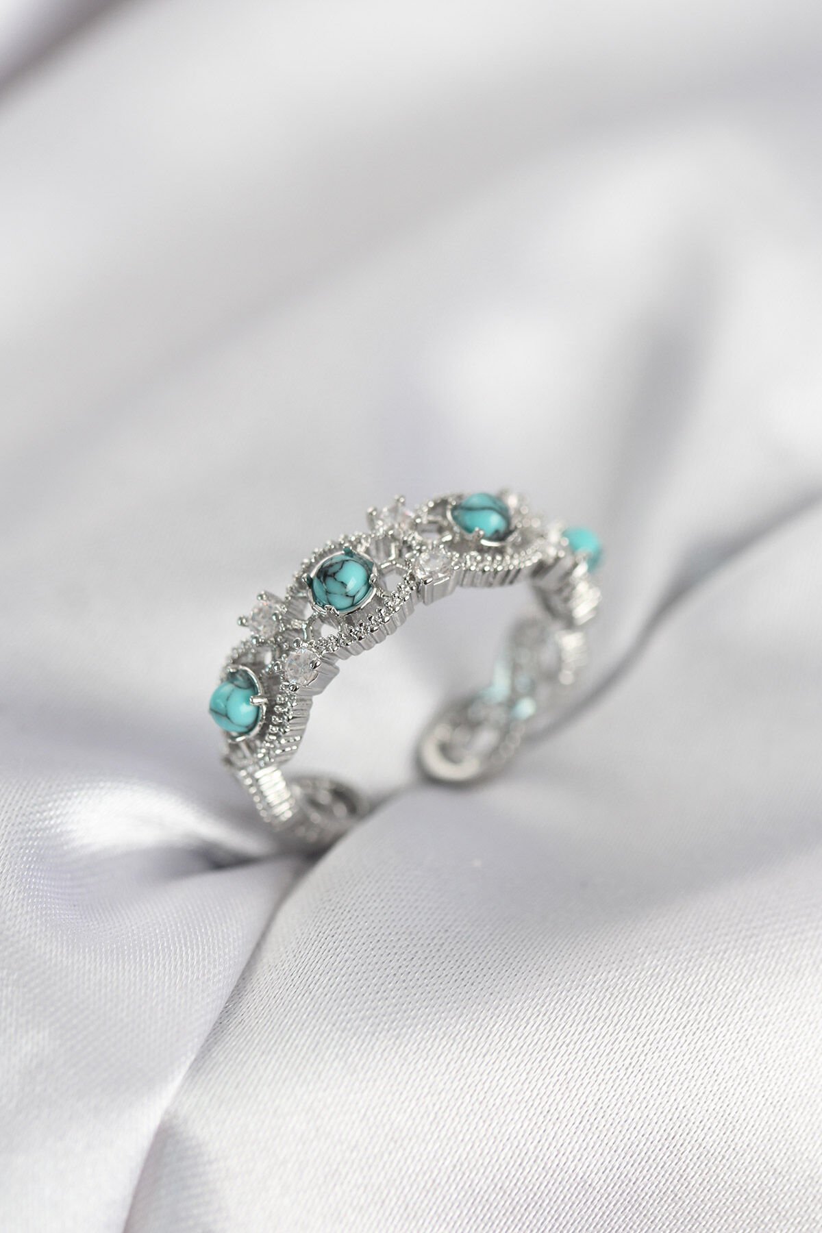 Mavi Taşlı Gümüş Renk Vintage Kadın Yüzük