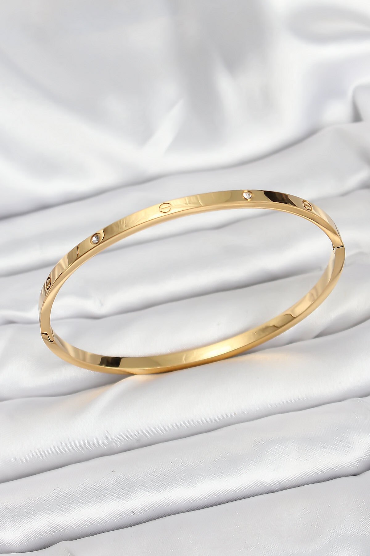 316L Çelik Gold Renk Zirkon Taşlı 65 mm İnce Kadın Kelepçe Bileklik