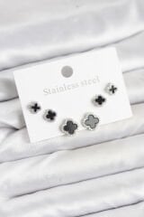 316L Çelik Gümüş Renk Zirkon Taşlı Yonca Model Kadın Küpe Seti