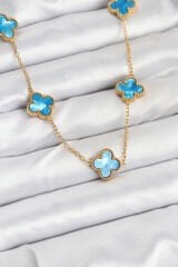 316L Çelik Zincir Gold Buz Mavisi Renk Yonca Kolye