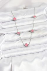 316L Çelik Zincir Gümüş Renk Pembe Baby Boy Yonca Kadın Kolye