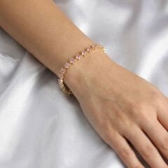 Pembe Kare Zirkon Taşlı Gold Renk Pirinç Su Yolu Kadın Bileklik