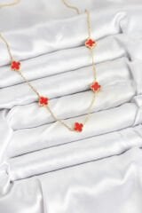 316L Çelik Zincir Gold Renk Kırmızı Baby Boy Yonca Kadın Kolye