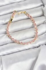 Pembe Kare Zirkon Taşlı Gold Renk Pirinç Su Yolu Kadın Bileklik