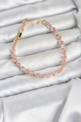 Pembe Kare Zirkon Taşlı Gold Renk Pirinç Su Yolu Kadın Bileklik
