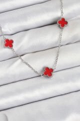 316L Çelik Zincir Gümüş Renk Kırmızı Baby Boy Yonca Kadın Kolye