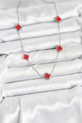 316L Çelik Zincir Gümüş Renk Kırmızı Baby Boy Yonca Kadın Kolye