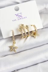 Pirinç Zİrkon Taşlı Sallantılı Yıldız Model Gold Renk 3'lü Kadın Küpe