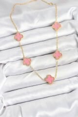 316L Çelik Zincir Gold Pembe Renk Yonca Kadın Kolye