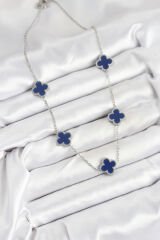 316L Çelik Zincir Gümüş Lacivert Renk Yonca Kadın Kolye