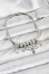 Pirinç Gümüş Renk Kanatlı Charmlı Kadın Bileklik