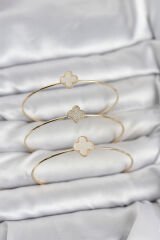 Gold Renk Yonca Model Zirkon Taşlı 3'lü Kadın Bileklik Kombini