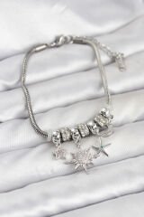 Pirinç Gümüş Renk Güneş Tema Charmlı Kadın Bileklik