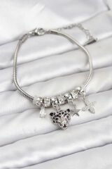 Pirinç Gümüş Renk Kaplan Model Charmlı Kadın Bileklik