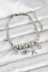 Pirinç Gümüş Renk Göz Model Charmlı Kadın Bileklik