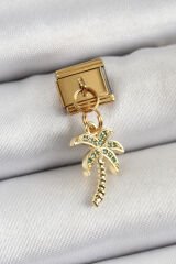 316L Çelik Sallantılı Zirkon Taşlı Palmiye Ağacı Model Gold Renk Nomination Charm