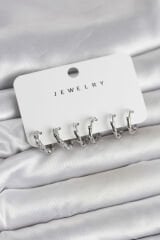 Gümüş Renk Pirinç Kemik Model 3 Çift Kadın Küpe Seti