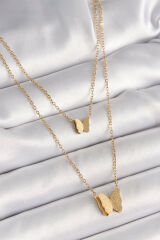 316L Çelik Gold Renk 2'Li Simli Kelebek Model Kadın Kolye