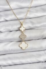 316L Çelik Zincir Gold Renk Yonca Detaylı Zirkon Taşlı Kadın Kolye