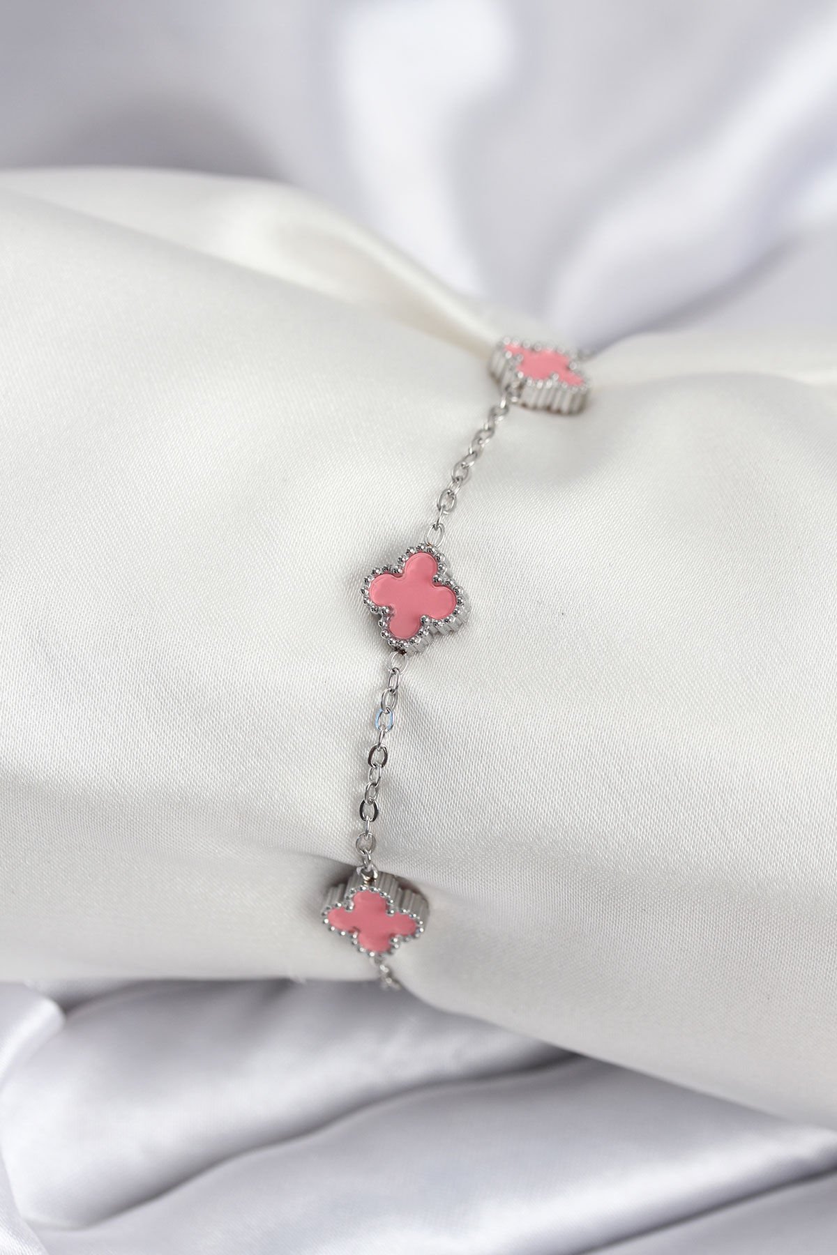 316L Çelik Gümüş Renk Pembe Baby Boy Yonca Kadın Bileklik