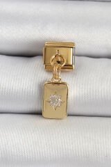316L Çelik Sallantılı Zirkon Taşlı Kutup Yıldızı Figürlü Dikdörtgen Model Gold Renk Nomination Charm