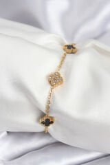 316L Çelik Gold Renk Siyah ve Zirkon Taşlı Baby Boy Yonca Kadın Bileklik