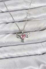 316L Çelik Zincir Gümüş Renk Kanatlı Kalp Model Zirkon Taşlı Kadın Kolye