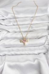 316L Çelik Zincir Gold Renk Kanatlı Kalp Model Zirkon Taşlı Kadın Kolye