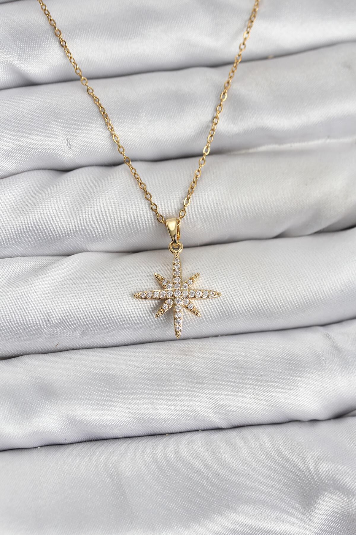 316L Çelik Zincir Gold Renk Kutup Yıldızı Model Zirkon Taşlı Kadın Kolye