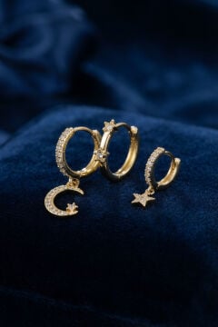 3 lü Ay ve Yıldız Model Gold Renk Set Küpe
