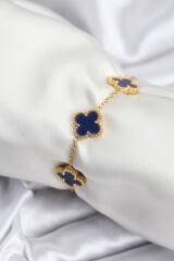 316L Çelik Zincir Gold Renk Lacivert Yonca Kadın Bileklik