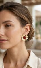 Vintage Model Bordo Gold Renk Pirinç Kadın Küpe