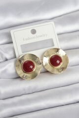 Vintage Model Bordo Gold Renk Pirinç Kadın Küpe