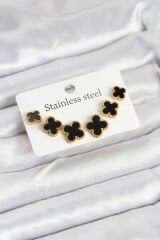 316L Çelik Gold Siyah Renk 3 Boy Yonca Küpe Seti